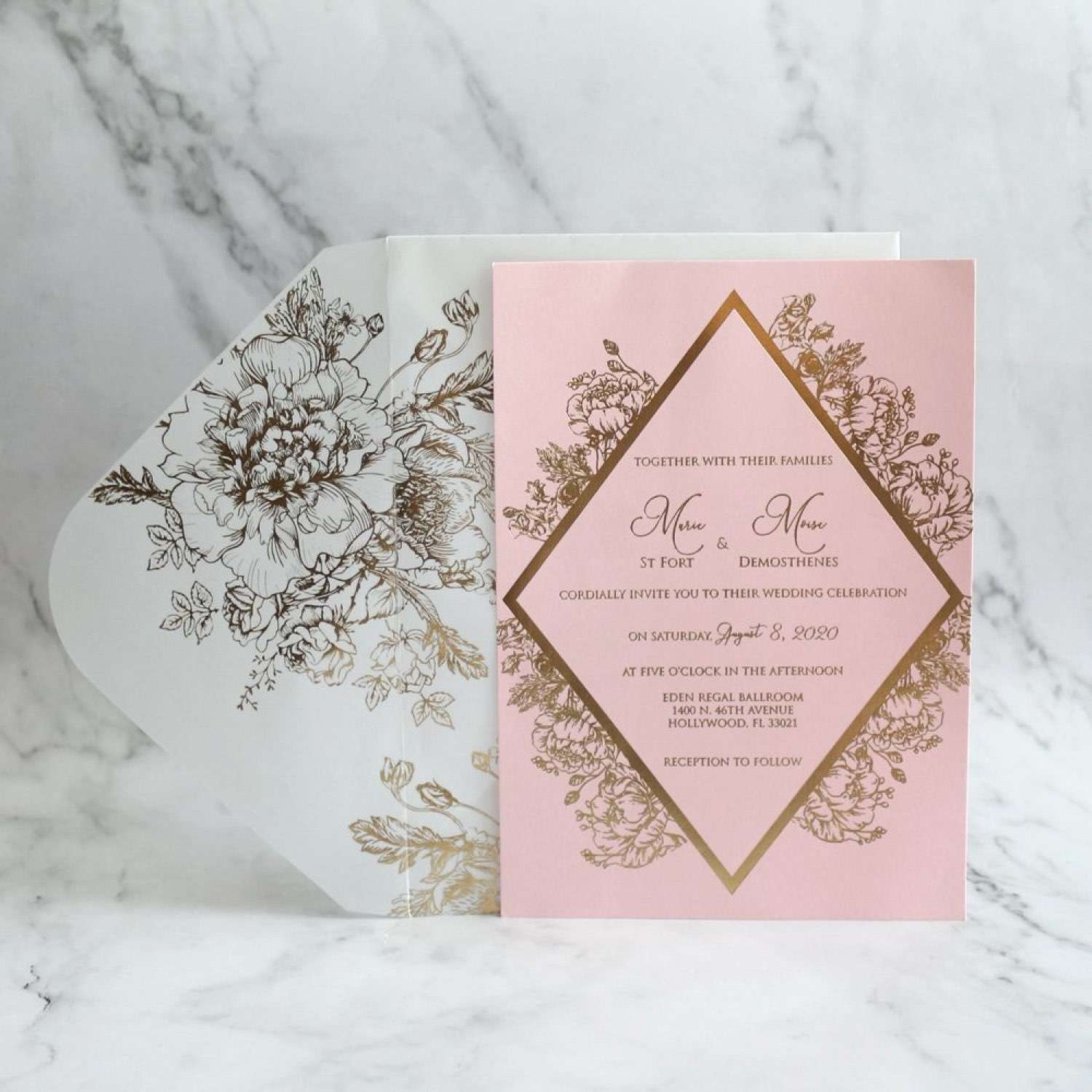 Foil Printing Pink Card with Vellum Paper Envelope Customized Content